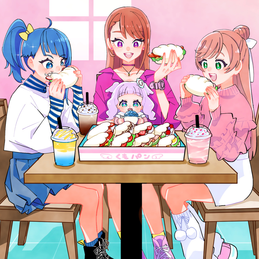 aqua_eyes black_footwear blue_eyes blue_hair blue_skirt blue_socks blunt_bangs blush bow bright_pupils brown_hair choker cup eating egg_(food) ellee-chan food frilled_shirt frills fruit green_eyes hair_bow highres hijiri_ageha hirogaru_sky!_precure holding holding_food hot_dog jewelry lettuce long_sleeves monster_rally necklace nijigaoka_mashiro open_mouth pink_footwear pink_shirt plate pleated_skirt ponytail precure purple_choker purple_eyes purple_footwear purple_hair purple_shirt shadow shirt shoes skirt sleeves_past_wrists smile socks sora_harewataru sparkle strawberry striped_sleeves table white_pupils white_shirt white_skirt white_socks yellow_bow yellow_socks