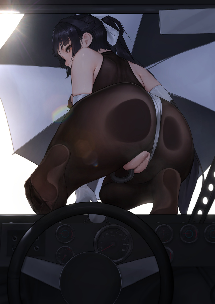 1girl absurdres against_glass ass ass_on_glass azur_lane bare_shoulders beeeeen black_hair bodystocking brown_eyes car_interior censored commission feet gloves high_ponytail highres long_hair looking_at_viewer looking_back mosaic_censoring no_shoes pantyhose pixiv_commission pussy solo steering_wheel takao_(azur_lane) takao_(full_throttle_charmer)_(azur_lane) umbrella white_gloves