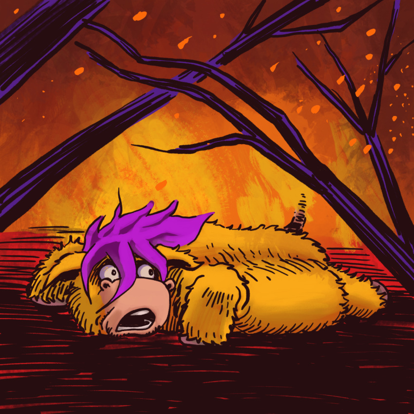 ambiguous_gender feral fire fluffus fluffy_pony fluffy_pony_(species) fur hair hi_res mammal orange_body orange_fur peril purple_hair scared solo