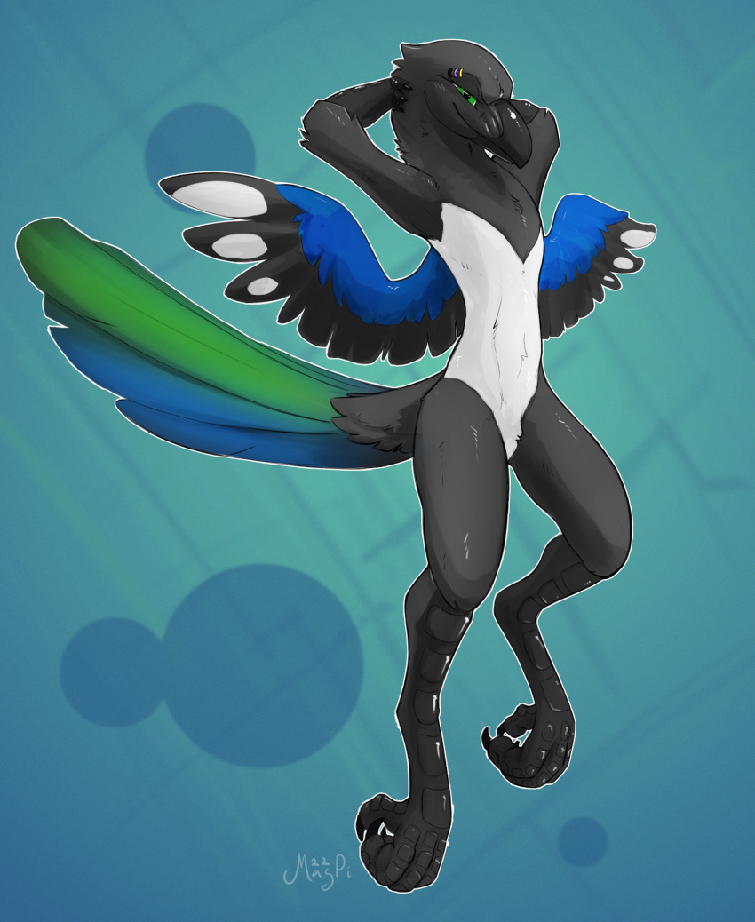 2022 4_toes abstract_background ambiguous_gender anisodactyl anthro avian bird corvid digital_media_(artwork) eyebrow_piercing eyebrow_ring facial_piercing feathered_wings feathers feet green_eyes hands_behind_head hi_res lgbt_pride looking_at_viewer mag_(magpi) magpi magpie_(corvid) multicolored_body multicolored_feathers nonbinary_(lore) nonbinary_pride_colors oscine passerine piercing pride_color_piercing pride_colors ring_piercing solo spread_wings toes wings