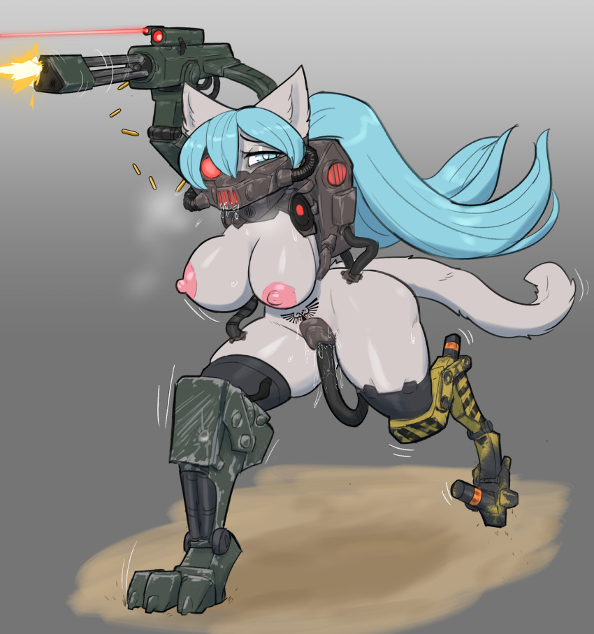 2023 amputee anthro big_breasts blue_eyes blue_hair bodily_fluids breasts bullet_casing claws collar cosplay cybernetic_face cybernetic_limb cybernetics cyborg darktide disability domestic_cat drooling felid feline felinid felis female fluffy fluffy_tail gas_mask gatling_gun genital_fluids grey_body gun hair hi_res hochune_meowku keypad lamp laser_pointer legless looking_at_viewer machine machine_gun mammal mask minigun mostly_nude nipples penetration psakorn_tnoi pussy_juice quadruple_amputee ranged_weapon saliva scope servitor sex_slave shooting slave small_waist solo spread_legs spreading steam story story_in_description submissive submissive_female sweat tail thick_thighs tube vaginal vaginal_penetration warhammer_(franchise) warhammer_40000 weapon womb_tattoo