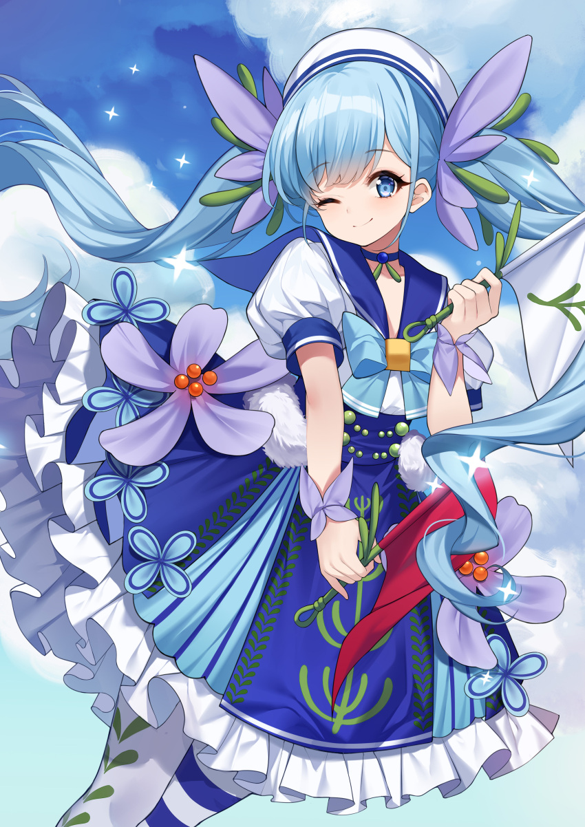 1girl absurdres asymmetrical_legwear blue_eyes blue_hair cloud dress dress_flower duel_monster flag frilled_dress frills hair_ornament hand_up highres holding holding_flag kikistark long_hair mismatched_legwear puffy_short_sleeves puffy_sleeves red_flag short_sleeves solo sparkle staysailor_romarin twintails white_flag white_headwear wings yu-gi-oh!