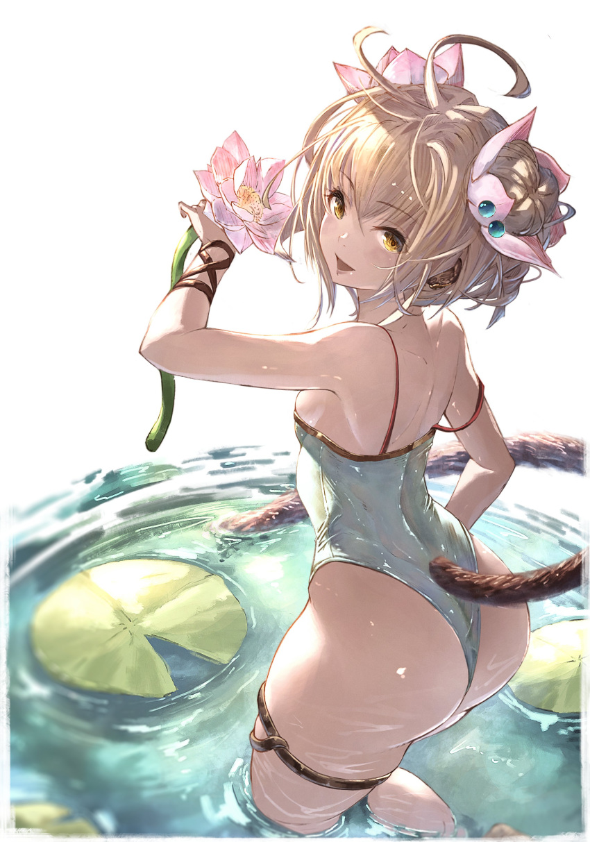 1girl absurdres andira_(granblue_fantasy) andira_(summer)_(granblue_fantasy) animal_ears aqua_one-piece_swimsuit ass blonde_hair casual_one-piece_swimsuit double_bun erune flower granblue_fantasy green_one-piece_swimsuit hair_bun hair_flower hair_ornament highleg highleg_swimsuit highres monkey_ears monkey_girl monkey_tail official_alternate_costume one-piece_swimsuit swimsuit tail yu_pian