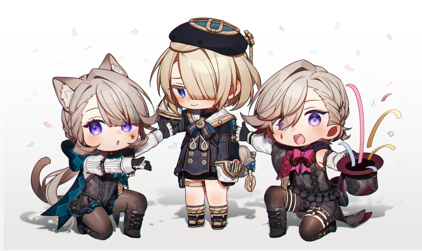 1girl 2boys :o animal_ear_fluff animal_ears blonde_hair blue_eyes blush bow bowtie cat_ears cat_girl cat_tail chibi closed_mouth confetti coojisan facial_mark freminet_(genshin_impact) full_body genshin_impact gloves grey_hair hair_between_eyes hair_over_one_eye hat highres holding holding_clothes holding_hat jacket leotard long_hair looking_at_viewer lynette_(genshin_impact) lyney_(genshin_impact) multiple_boys on_one_knee open_mouth parted_lips purple_eyes shorts standing star_(symbol) star_facial_mark streamers tail teardrop_facial_mark thigh_strap top_hat