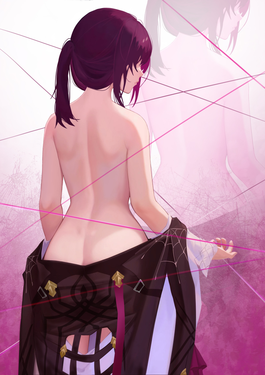 1girl absurdres ass back black_jacket butt_crack c1718259 commentary_request cowboy_shot dimples_of_venus from_behind highres honkai:_star_rail honkai_(series) jacket kafka_(honkai:_star_rail) long_hair nude off_shoulder ponytail purple_hair solo standing zoom_layer