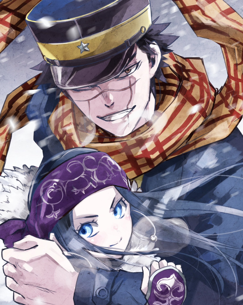 1boy 1girl asirpa black_hair blue_eyes brown_eyes commentary_request earrings eyelashes golden_kamuy happy hat highres jewelry long_hair looking_at_viewer military military_uniform scarf short_hair smile snowing sugimoto_saichi sukeno_yoshiaki uniform