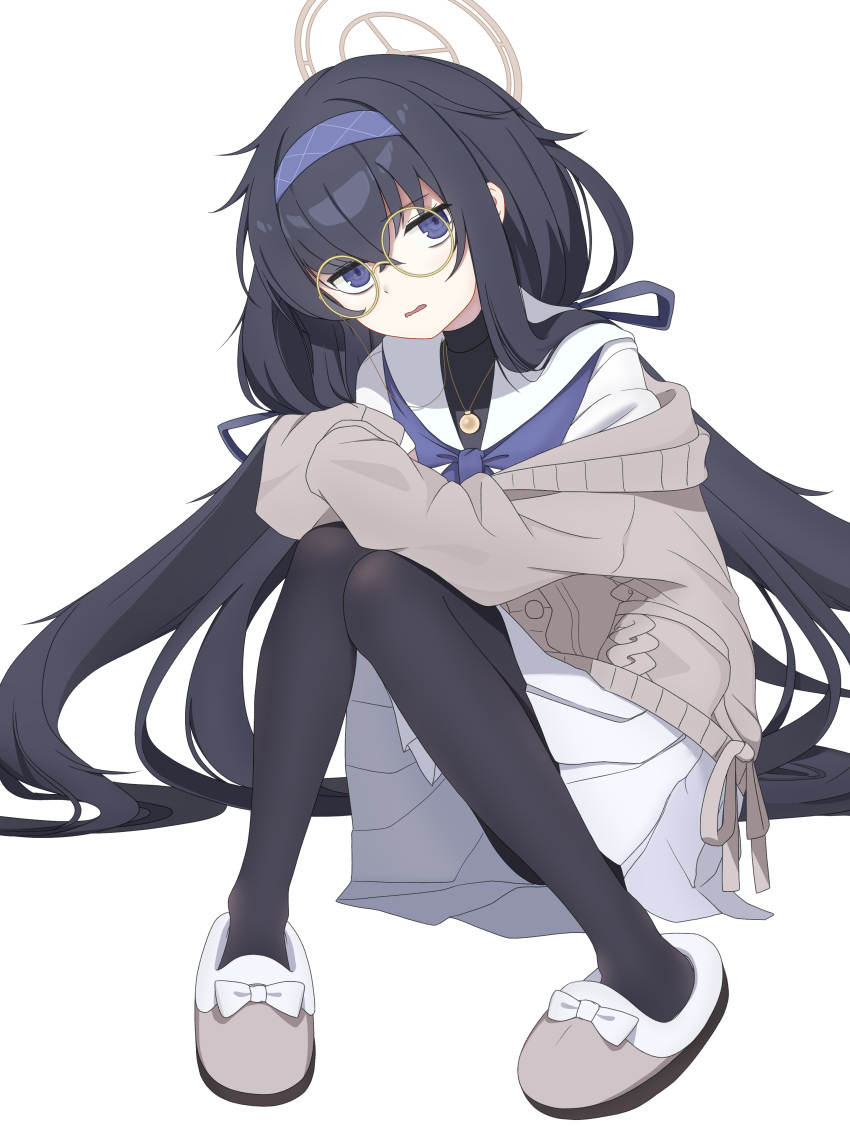 1girl absurdres black_hair black_pantyhose blue_archive bow cardigan crossed_bangs footwear_bow full_body glasses grey_cardigan grey_footwear grey_halo hair_between_eyes hair_ribbon hairband halo head_tilt highres jewelry knees_together_feet_apart knees_up kotori_(ba) long_hair long_sleeves looking_at_viewer low_twintails neckerchief necklace off_shoulder on_floor open_mouth pantyhose pleated_skirt purple_eyes purple_hairband purple_neckerchief purple_ribbon ribbon round_eyewear sailor_collar school_uniform shirt sidelocks simple_background sitting skirt sleeves_past_wrists slippers solo turtleneck twintails ui_(blue_archive) very_long_hair wavy_mouth white_background white_bow white_sailor_collar white_shirt white_skirt yellow-framed_eyewear