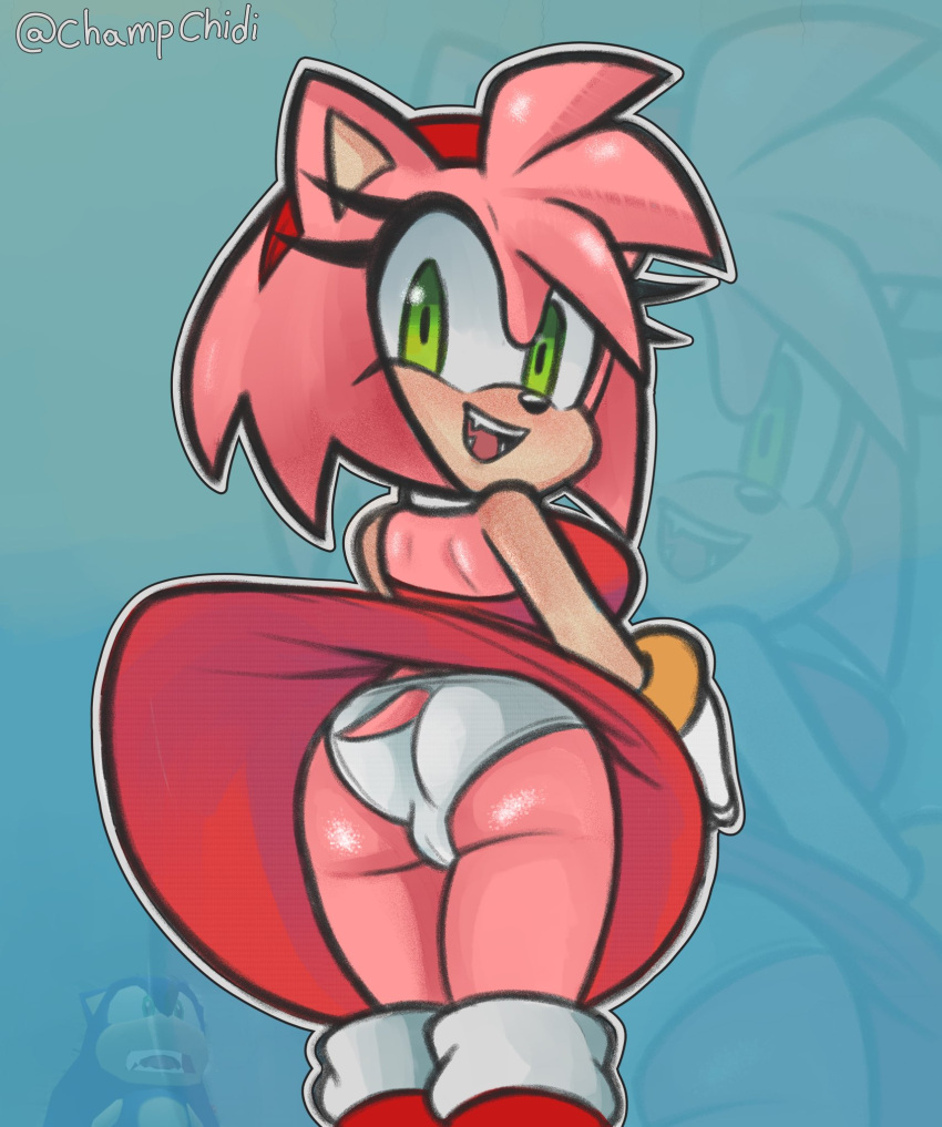 accessory anthro big_butt blush boots bottomwear bracelet butt camel_toe champchidi clothed clothing clothing_lift dress eulipotyphlan fangs female footwear fur gloves green_eyes hair_accessory hairband handwear hedgehog hi_res jewelry mammal panties pink_body pink_fur sega skirt skirt_lift solo sonic_the_hedgehog sonic_the_hedgehog_(series) teeth underwear