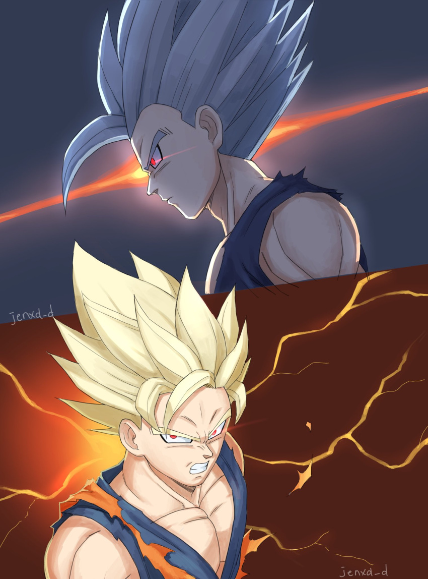 2boys alternate_eye_color blonde_hair clenched_teeth commentary dougi dragon_ball dragon_ball_super dragon_ball_super_super_hero dragon_ball_z gohan_beast grey_hair highres jenxd_d large_pectorals male_focus multiple_boys muscular muscular_male pectorals red_eyes signature son_gohan son_goku super_saiyan super_saiyan_1 symbol-only_commentary teeth torn_clothes