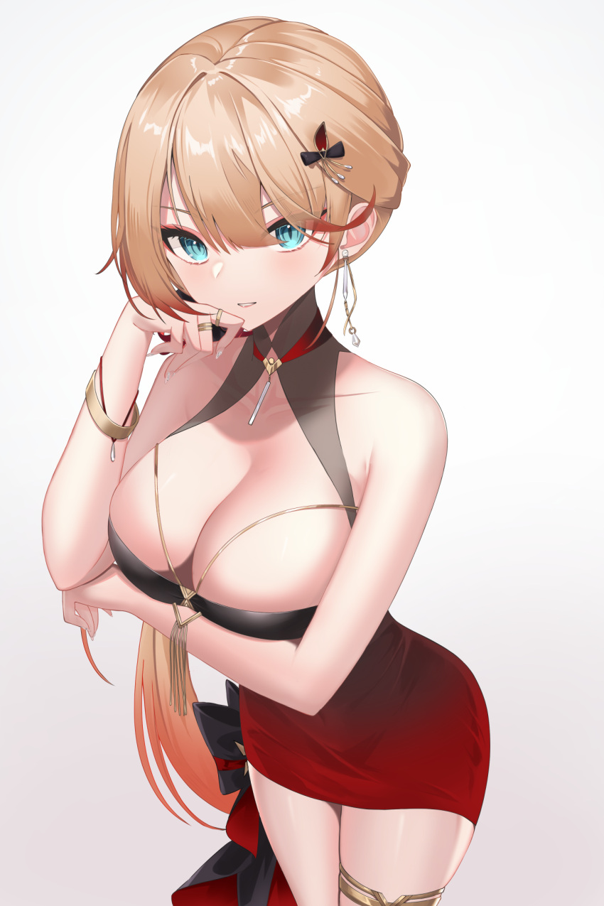 1girl arm_under_breasts asymmetrical_dress azur_lane black_dress black_ribbon blonde_hair blue_eyes breasts cleavage cocktail_dress cowboy_shot dress earrings evening_gown gradient_dress gradient_hair grey_background hair_ribbon highres howe_(azur_lane) howe_(evening_marvels)_(azur_lane) jewelry kei_myoho large_breasts light_smile looking_at_viewer multicolored_hair official_alternate_costume red_dress ribbon simple_background sleeveless sleeveless_dress solo tight_clothes tight_dress