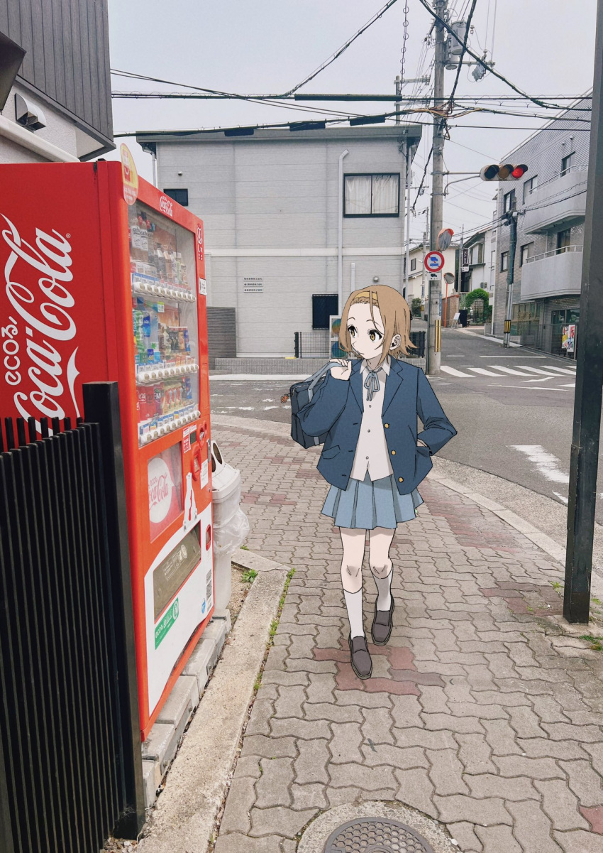 1girl bag blazer blue_jacket blue_ribbon blue_skirt brown_eyes brown_footwear brown_hair building chorohanage coca-cola collared_shirt commentary_request crosswalk day full_body grey_sky hairband highres holding holding_bag jacket k-on! kneehighs loafers looking_to_the_side manhole_cover neck_ribbon open_clothes open_jacket outdoors pleated_skirt power_lines ribbon road road_sign sakuragaoka_high_school_uniform scenery school_bag school_uniform shirt shoes short_hair sidewalk sign skirt sky socks solo street tainaka_ritsu traffic_light traffic_mirror trash_can utility_pole vending_machine walking white_shirt white_socks winter_uniform yellow_hairband