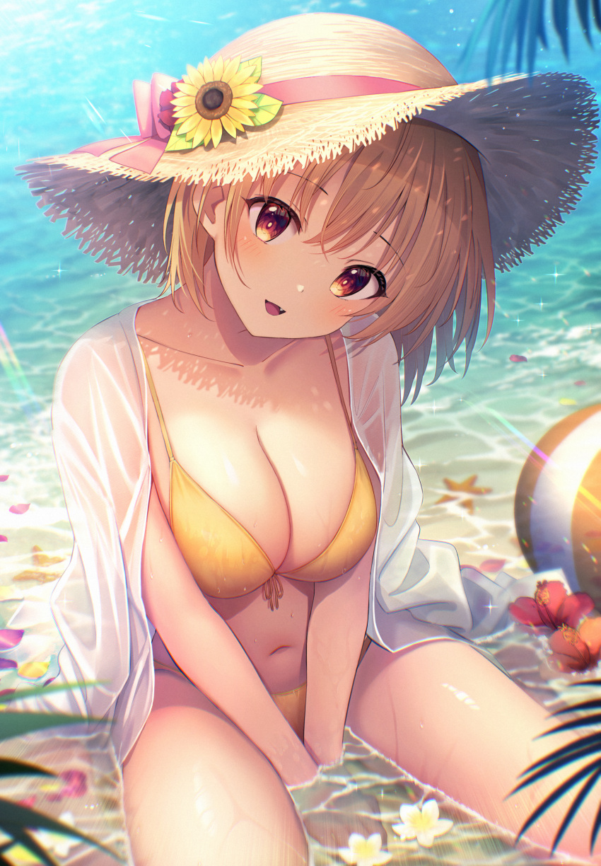 1girl :d ball barefoot beachball between_legs bikini blush breasts brown_hair brown_headwear cleavage collarbone comiket_102 commentary_request day fang flower flower_on_liquid food front-tie_bikini_top front-tie_top fruit hair_between_eyes hand_between_legs hat hat_flower head_tilt highres large_breasts long_sleeves looking_at_viewer original outdoors partial_commentary red_eyes red_flower revision see-through shallow_water shirt shirt_on_shoulders sitting smile solo starfish strawberry sunflower swimsuit u_rin wariza water wet wet_clothes wet_shirt white_shirt yellow_bikini yellow_flower