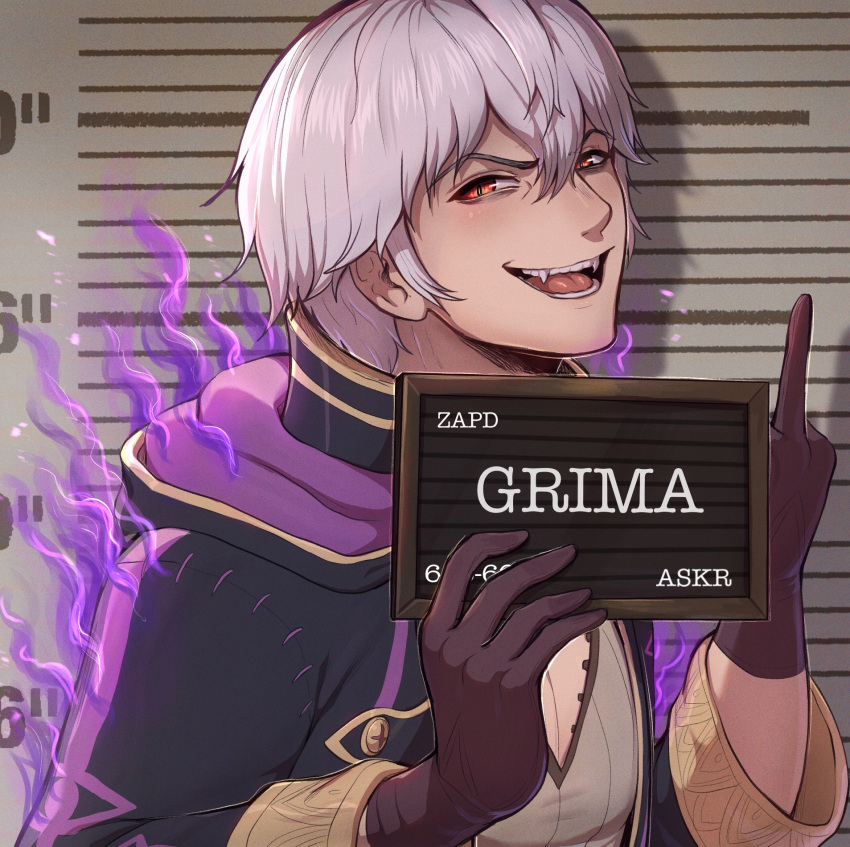 1boy aura barbie_mugshot_(meme) brown_gloves character_name commentary dark_aura english_commentary english_text evomanaphy fangs fire_emblem fire_emblem_awakening fire_emblem_heroes gloves grima_(fire_emblem) hair_between_eyes height_chart height_mark highres holding holding_sign hood hood_down looking_at_viewer male_focus meme middle_finger mugshot open_mouth red_eyes robin_(fire_emblem) robin_(male)_(fire_emblem) shadow short_hair sideways_glance sign slit_pupils solo teeth tongue upper_body