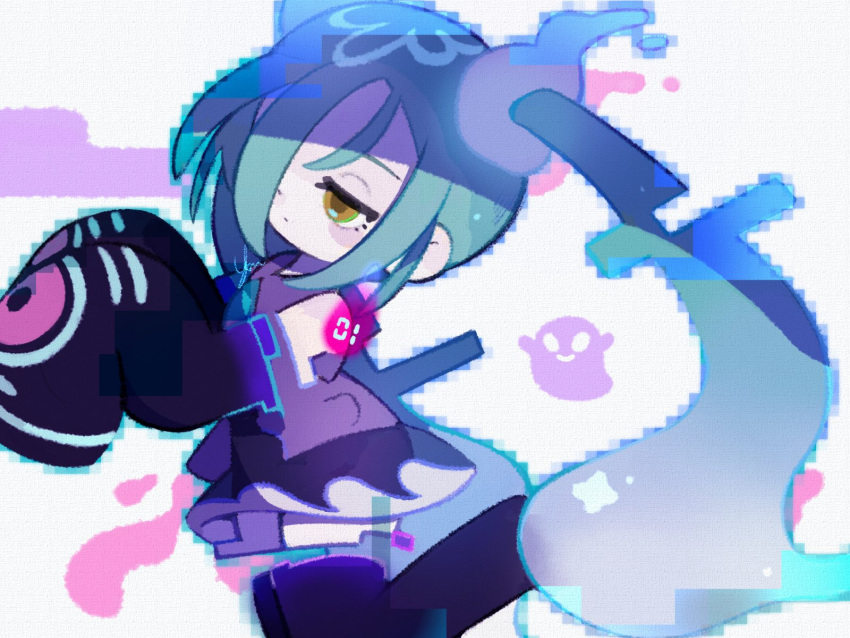 1girl black_skirt black_sleeves black_thighhighs blue_hair closed_mouth commentary_request detached_arm detached_legs detached_sleeves floating ghost_miku_(project_voltage) glitch gradient_hair grey_shirt hair_over_one_eye half-closed_eyes hands_up hatsune_miku highres long_hair multicolored_hair pale_skin pokemon print_sleeves project_voltage see-through see-through_skirt shirt skirt sleeveless sleeveless_shirt sleeves_past_fingers sleeves_past_wrists solo thighhighs twintails very_long_hair vocaloid white_background white_hair yellow_eyes yukino_super