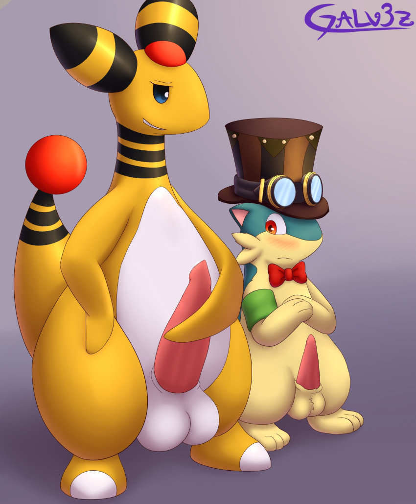 2021 ampharos animal_genitalia armband ball_tuft balls bedroom_eyes big_balls big_penis blush bodily_fluids bow_tie cheek_tuft clothing digital_media_(artwork) duo erection eyewear facial_tuft feral forehead_gem fur galv3z_(artist) galvez_(galv3z) generation_2_pokemon genital_fluids genitals goggles green_armband hand_on_penis hat headgear headwear hi_res horn looking_at_genitalia looking_at_penis male mammal markings multicolored_ears narrowed_eyes naughty_face nintendo nude paws penis penis_size_difference pink_penis pokemon pokemon_(species) precum quilava red_bow_tie red_eyes seductive shaded signature simple_background size_difference smile standing steampunk striped_ears striped_markings striped_neck striped_tail stripes surprised_expression tail tail_gem tail_markings tapering_penis thick_thighs top_hat tuft two_tone_ears two_tone_face two_tone_neck two_tone_tail white_balls white_body wide_eyed yellow_arms yellow_body yellow_face yellow_nose