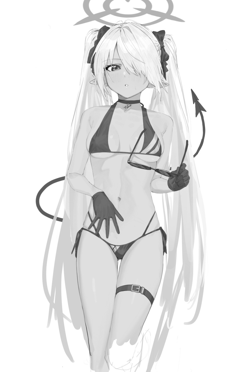 1girl :o absurdres bare_shoulders bikini blue_archive blush breasts breasts_apart cropped_legs eyewear_removed gloves greyscale hair_ornament halo highres holding holding_removed_eyewear iori_(blue_archive) iori_(swimsuit)_(blue_archive) kona_ming long_hair looking_at_viewer monochrome navel pendant_choker pointy_ears side-tie_bikini_bottom small_breasts solo sunglasses swimsuit tail thigh_strap twintails very_long_hair