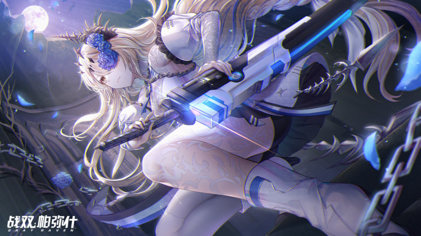 1girl blonde_hair blue_flower blue_rose chain closed_mouth conch detached_sleeves dress dutch_angle flower flower_over_eye from_below full_moon hair_flower hair_ornament holding holding_sheath holding_sword holding_weapon katana lock long_hair lucia:_crimson_abyss_(apocalyptic_cyan)_(punishing:_gray_raven) moon ozzingo padlock punishing:_gray_raven rose see-through see-through_legwear see-through_sleeves sheath sheathed shell_hair_ornament solo sword thighhighs very_long_hair weapon white_dress white_footwear yellow_eyes