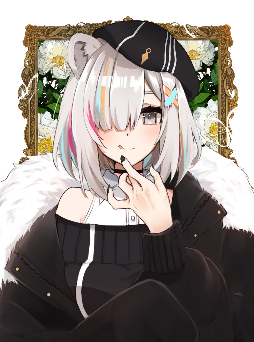 1girl :q absurdres animal_ears beret black_nails blush commentary_request fur-trimmed_jacket fur_trim grey_eyes grey_hair hair_over_shoulder hat highres hololive jacket lion_ears lion_girl long_sleeves looking_at_viewer mashiro_io multicolored_hair nail_polish off_shoulder picture_frame shishiro_botan shishiro_botan_(3rd_costume) short_hair solo streaked_hair tongue tongue_out upper_body virtual_youtuber white_background