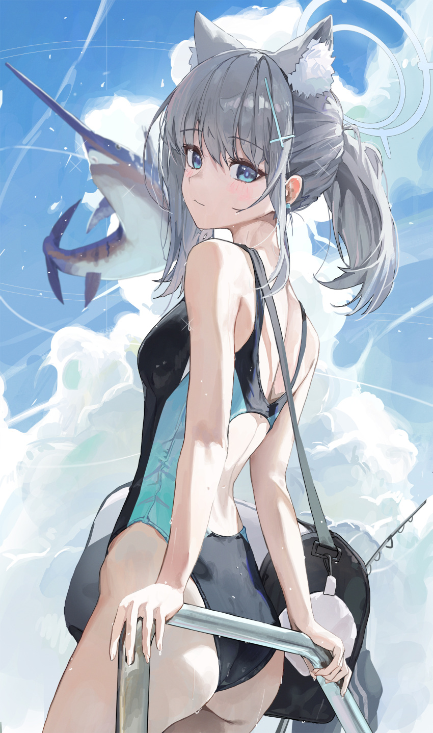 1girl absurdres against_railing ass bag blue_archive blue_eyes blue_sky blush breasts closed_mouth cloud cross_hair_ornament day duffel_bag extra_ears fish from_behind grey_hair hair_ornament highres looking_back mismatched_pupils official_alternate_costume one-piece_swimsuit outdoors railing serie_niai shiroko_(blue_archive) shiroko_(swimsuit)_(blue_archive) sky small_breasts solo swimsuit swordfish wet