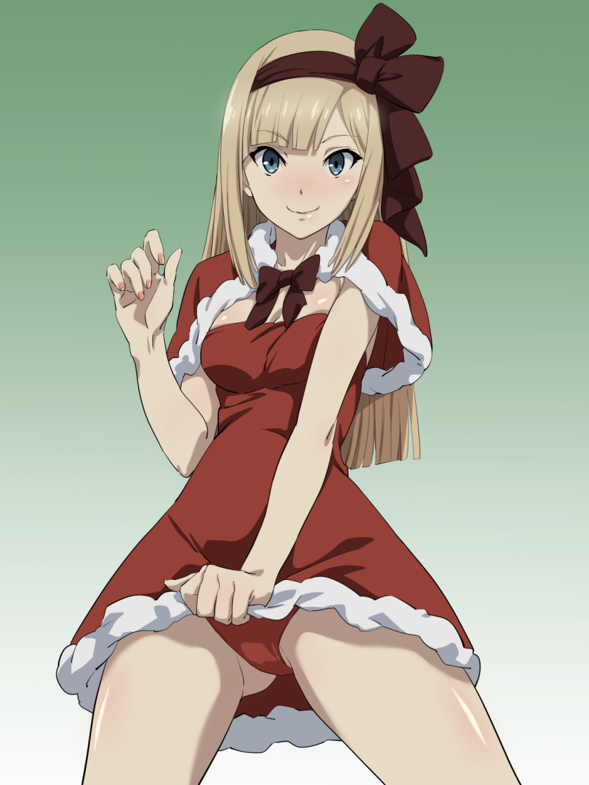 1girl ass_visible_through_thighs bangs blonde_hair blunt_bangs blush breasts capelet cleavage commentary_request cowboy_shot dress dress_tug fate_(series) fur-trimmed_capelet fur-trimmed_dress fur_trim gradient_background green_background hand_up highres legs_apart long_hair lord_el-melloi_ii_case_files medium_breasts nomanota panties red_dress red_panties reines_el-melloi_archisorte smile solo underwear