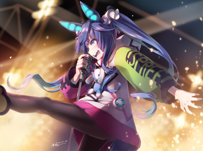 1girl animal_ears black_pantyhose blue_eyes blue_hair bow clothes_writing commentary_request concert crossed_bangs dated drawstring feet_out_of_frame glowing glowing_ears hair_bow heterochromia highres holding holding_microphone_stand hood hoodie horse_ears horse_girl horse_tail leg_up long_hair long_sleeves microphone microphone_stand mikan_yumeno multicolored_clothes multicolored_hoodie music open_mouth outstretched_arm pantyhose purple_eyes sharp_teeth sidelocks signature singing solo stage_lights stuffed_animal stuffed_rabbit stuffed_toy tail teeth twin_turbo_(umamusume) twintails umamusume vintage_microphone