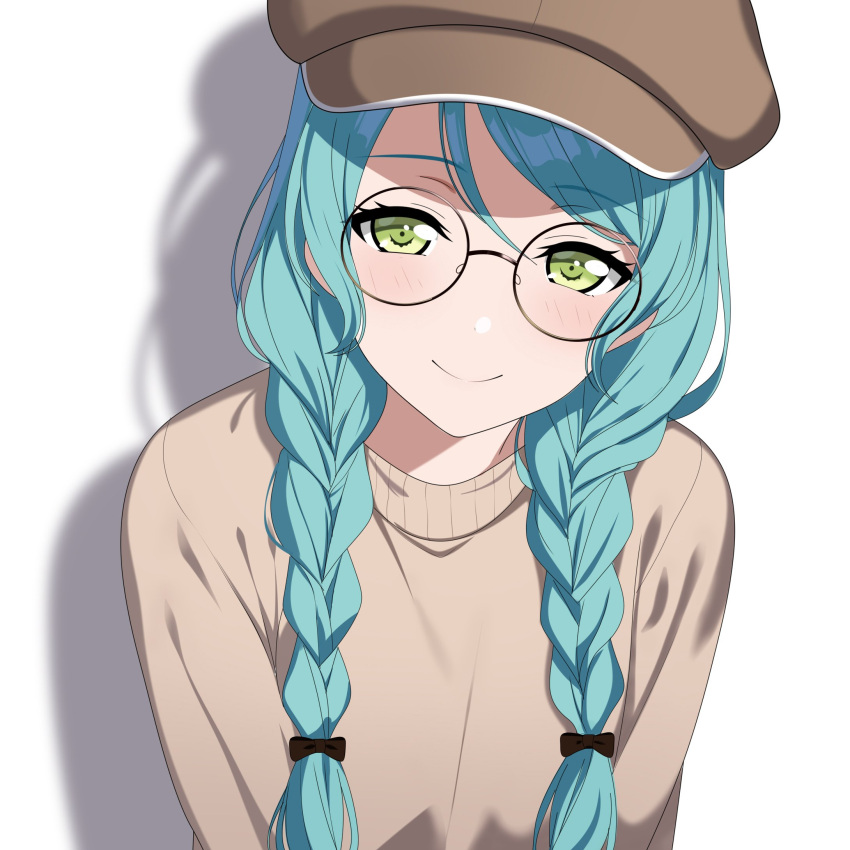 1girl aqua_hair bang_dream! bow braid brown_headwear brown_sweater cabbie_hat fries_vanquisher glasses green_eyes hair_bow hair_over_shoulder hat highres hikawa_sayo light_blush long_hair looking_at_viewer round_eyewear shadow simple_background smile solo sweater twin_braids white_background