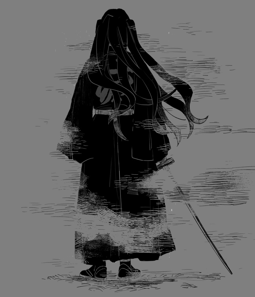 1boy arms_at_sides belt clothes_writing demon_slayer_uniform facing_away floating_hair fog from_behind full_body greyscale hakama highres holding holding_sword holding_weapon japanese_clothes kimetsu_no_yaiba komo_(pixiv63440981) long_hair long_sleeves male_focus monochrome socks solo standing sword tokitou_muichirou unsheathed waraji weapon wide_sleeves