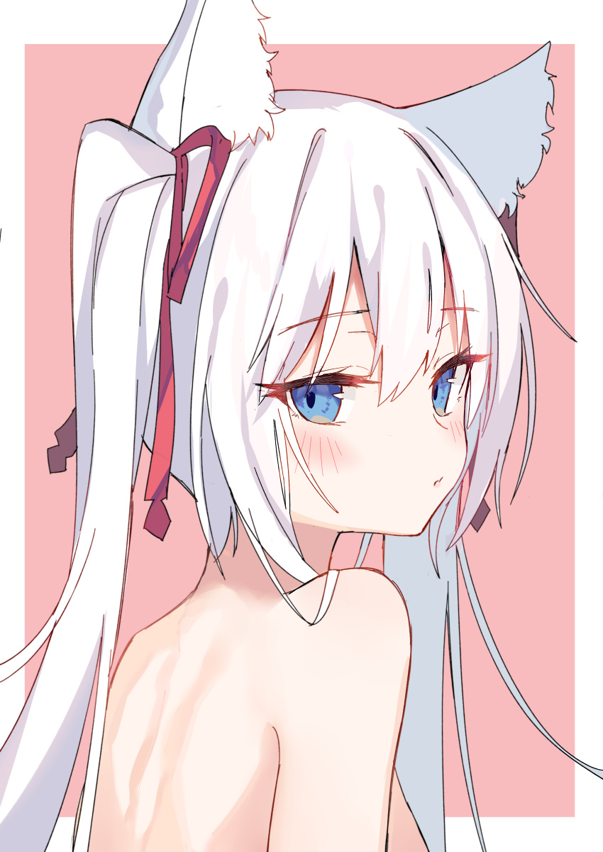 1girl absurdres animal_ear_fluff animal_ears arm_at_side back bare_shoulders blue_eyes blush border breasts cat_ears cat_girl from_side hair_ribbon highres kakakaka_(pc98times) long_hair looking_at_viewer median_furrow nude original outside_border pout raised_eyebrows red_ribbon ribbon small_breasts solo twintails upper_body white_border white_hair