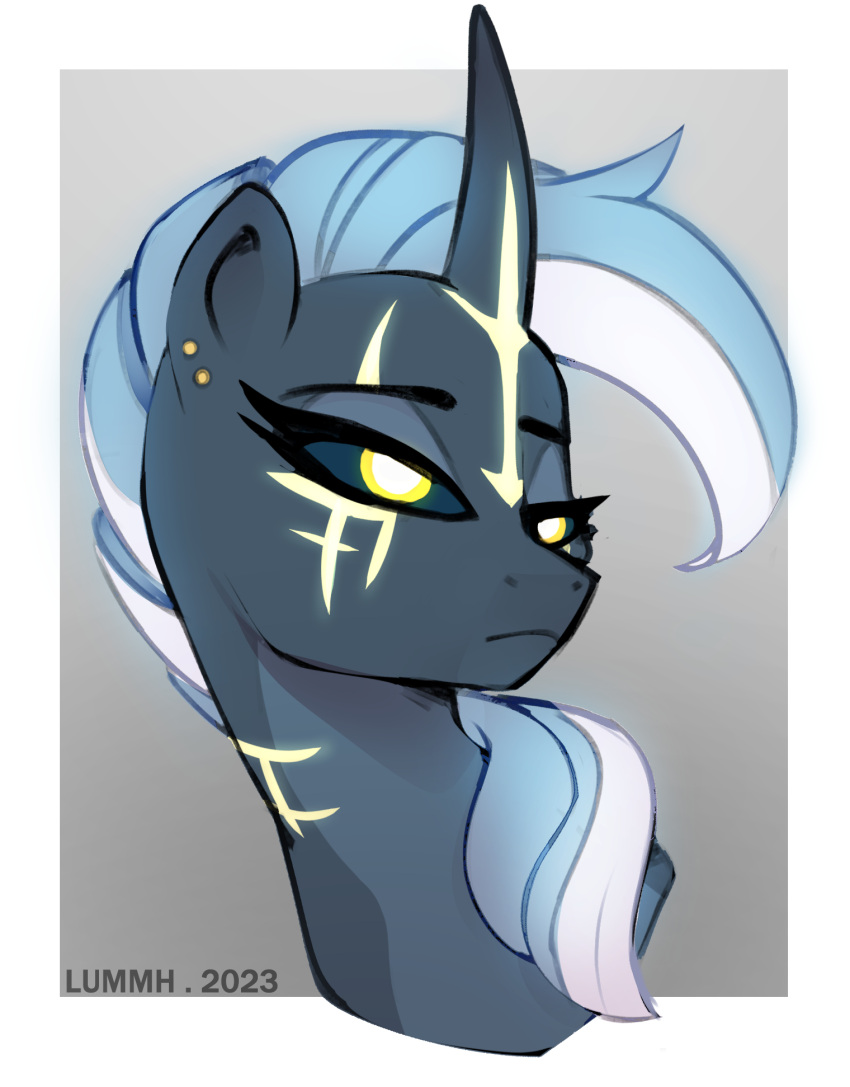 appolonia chilllum ear_piercing ears_up equid equine female feral frown glowing glowing_eyes glowing_tattoo hi_res horn magicorn mammal narrowed_eyes no-dialogue no_cutiemark piercing solo tattoo unicorn yellow_eyes