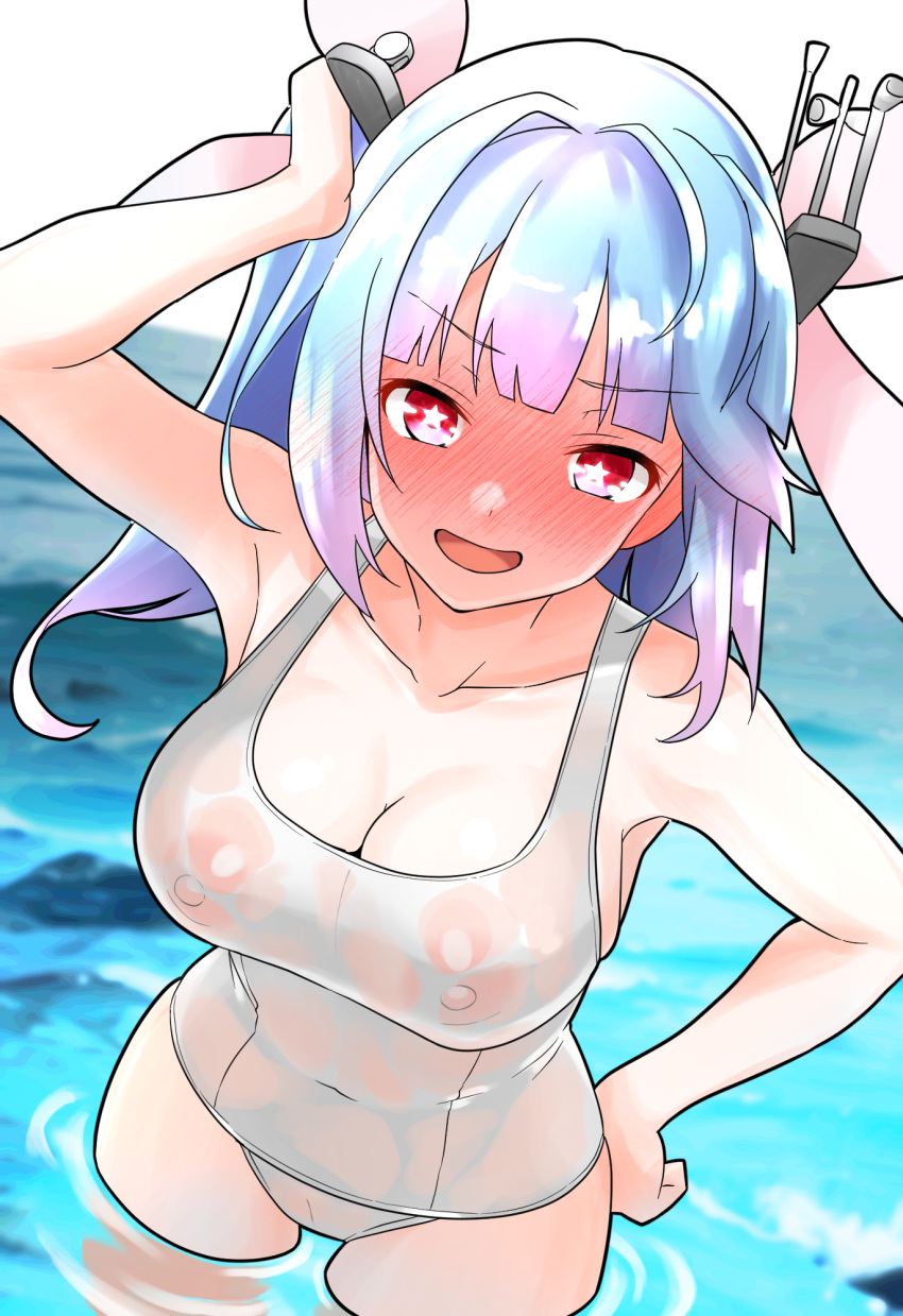 1girl blue_hair blush breasts covered_navel flower-shaped_pupils full-face_blush furaggu_(frag_0416) hair_ornament hair_ribbon highres i-19_(kancolle) kantai_collection large_breasts looking_at_viewer nipples one-piece_swimsuit open_mouth red_eyes ribbon school_swimsuit see-through_swimsuit smile solo swimsuit symbol-shaped_pupils tri_tails twintails water white_one-piece_swimsuit