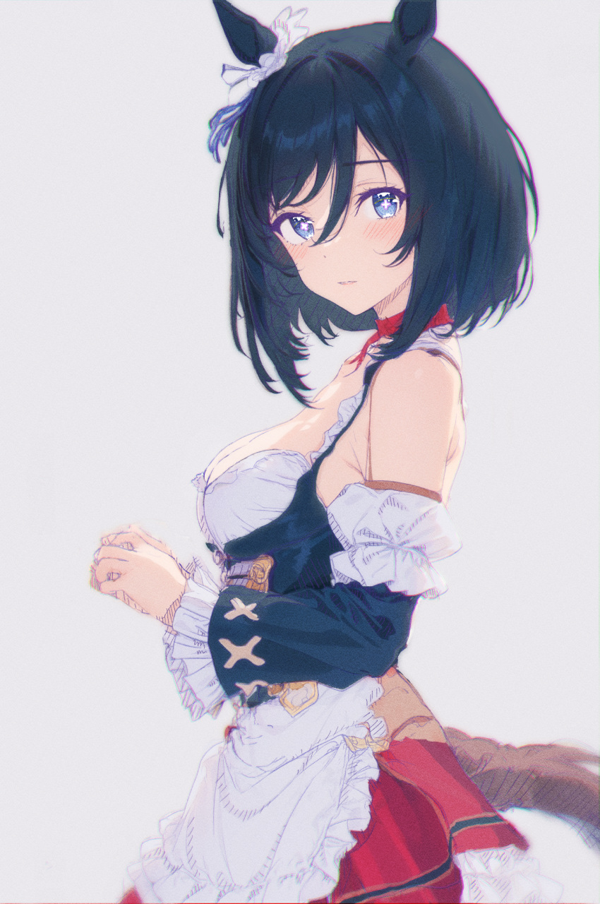 1girl apron black_hair black_sleeves blouse blue_eyes bob_cut bodice breasts choker cleavage detached_sleeves ear_scrunchie eishin_flash_(umamusume) frilled_apron frilled_sleeves frills from_side german_clothes grey_background hair_between_eyes highres horse_girl large_breasts looking_at_viewer looking_to_the_side mei_ehimemikoto miniskirt red_choker red_skirt scrunchie shirt short_hair simple_background skirt solo striped striped_skirt swept_bangs umamusume vertical-striped_skirt vertical_stripes white_apron white_scrunchie white_shirt