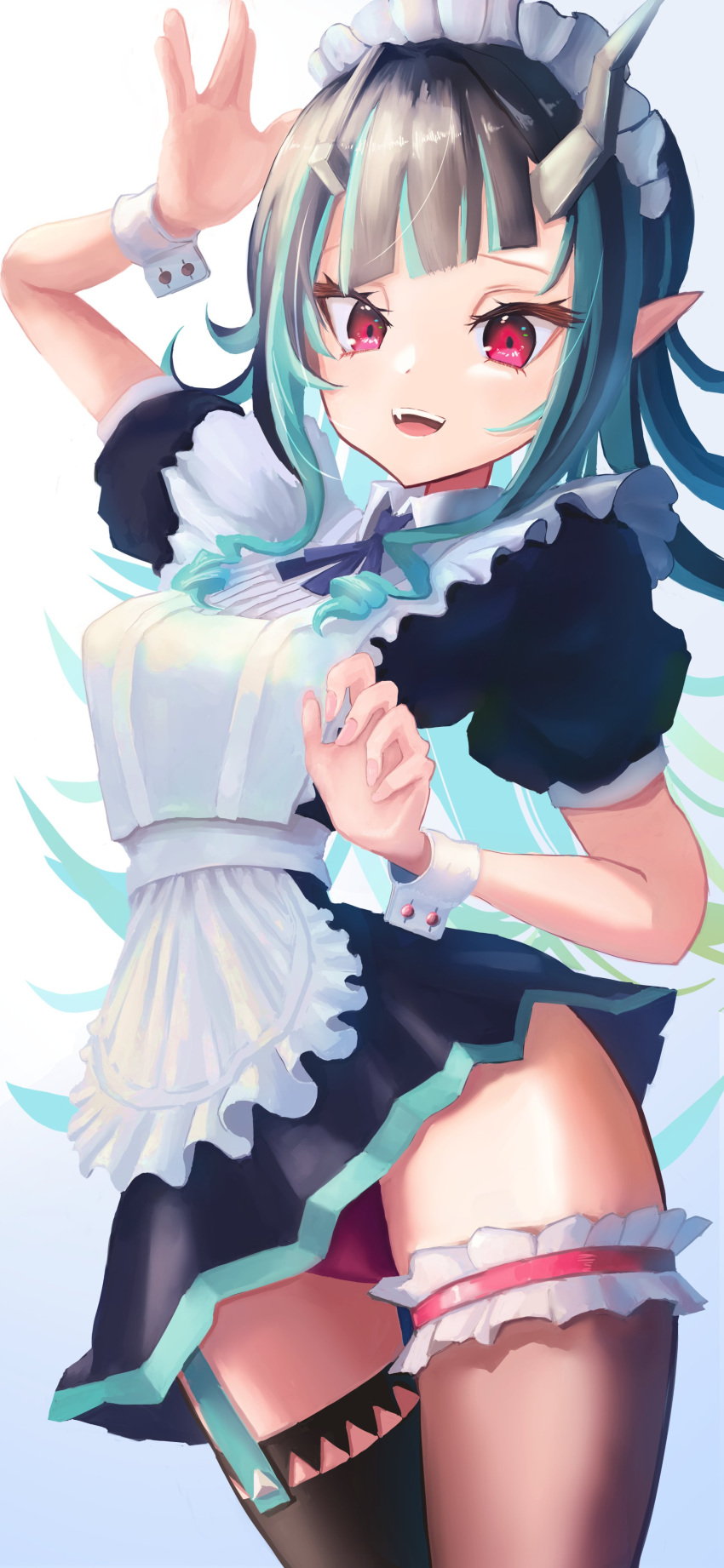 1girl absurdres alternate_costume apron black_dress black_hair black_thighhighs blue_hair blunt_bangs breasts commentary_request cowboy_shot demon_girl demon_horns diagonal_bangs dress enmaided fingernails frilled_apron frills highres horns long_hair looking_at_viewer maid maid_apron maid_headdress medium_bangs multicolored_hair nanashi_inc. open_mouth panties pink_panties pointy_ears puffy_short_sleeves puffy_sleeves red_eyes shishio_chris short_dress short_sleeves small_breasts smile solo teeth thigh_strap thighhighs two-tone_hair underwear upper_teeth_only virtual_youtuber wasabifu white_apron white_background wrist_cuffs