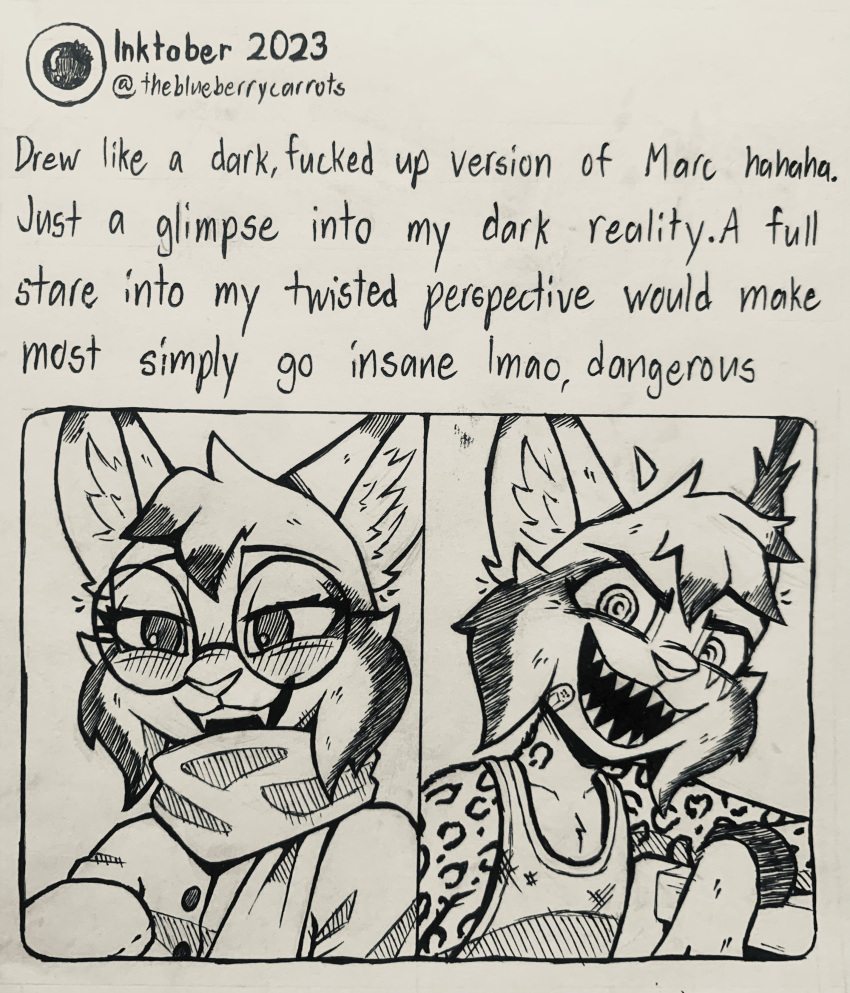 2023 absurd_res anthro blush cheek_tuft english_text eyewear facial_tuft fangs felid feline glasses head_tuft hi_res hybrid inktober inktober_2023 inner_ear_fluff looking_at_viewer lynx mammal marc_(theblueberrycarrots) meme open_mouth open_smile pantherine sharp_teeth smile snow_leopard solo teeth text theblueberrycarrots traditional_media_(artwork) tuft