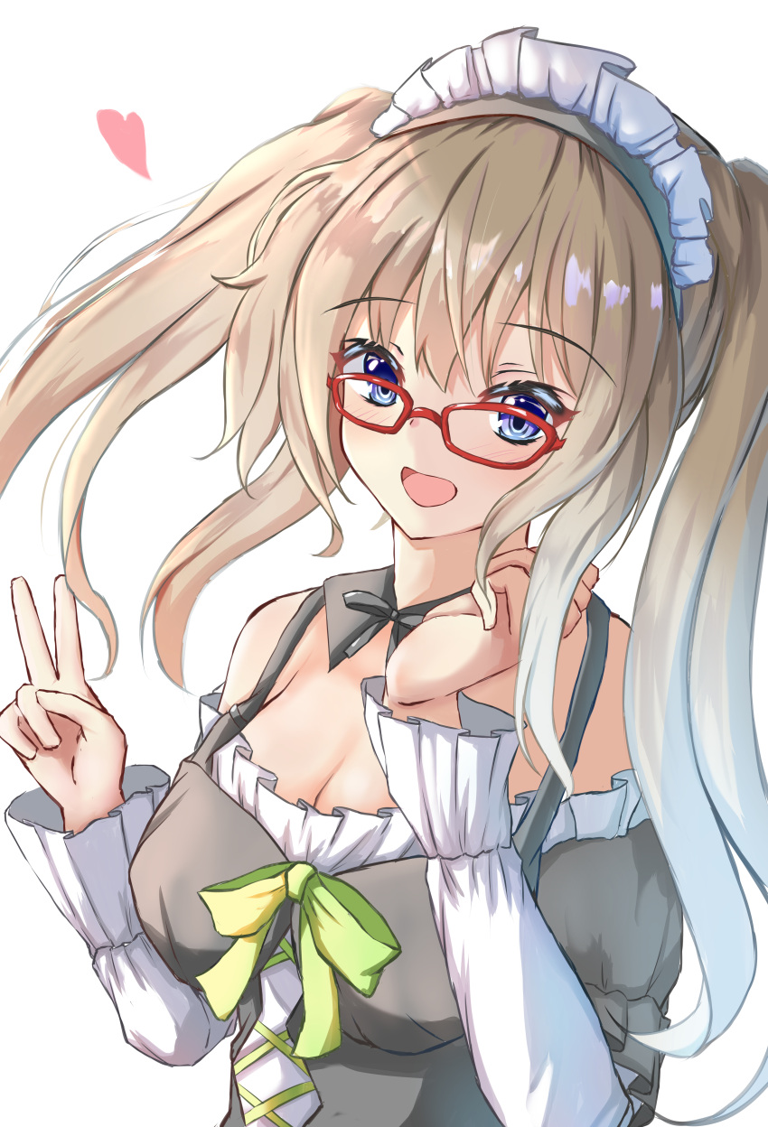 1girl 9-nine- :d absurdres black_collar black_dress black_ribbon blue_eyes blush breasts cleavage collar commentary detached_collar dress eyelashes floating_hair frilled_dress frilled_sleeves frills glasses green_ribbon hair_between_eyes hands_up happy heart highres kujou_miyako large_breasts light_brown_hair long_hair long_sleeves looking_at_viewer maid maid_headdress neck_ribbon official_alternate_costume official_alternate_hairstyle open_mouth red-framed_eyewear ribbon sidelighting sidelocks simple_background smile solo tatika714 twintails upper_body v white_background