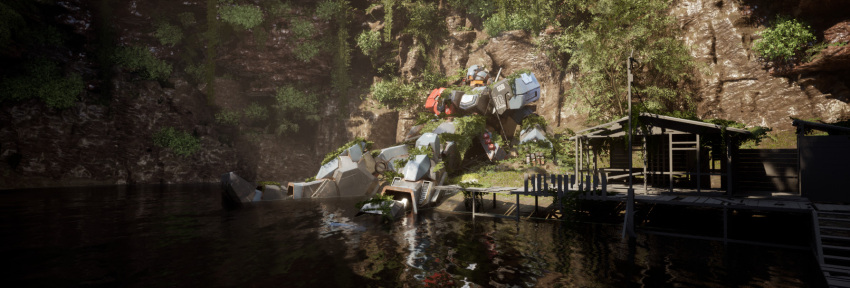 3d abandoned cabin damaged earth_federation emblem english_commentary grass gundam gundam_unicorn highres jesta lake machinery maya_(medium) mecha mobile_suit muthshizuki plant realistic robot roundel science_fiction tree unreal_(medium) water wet wreckage