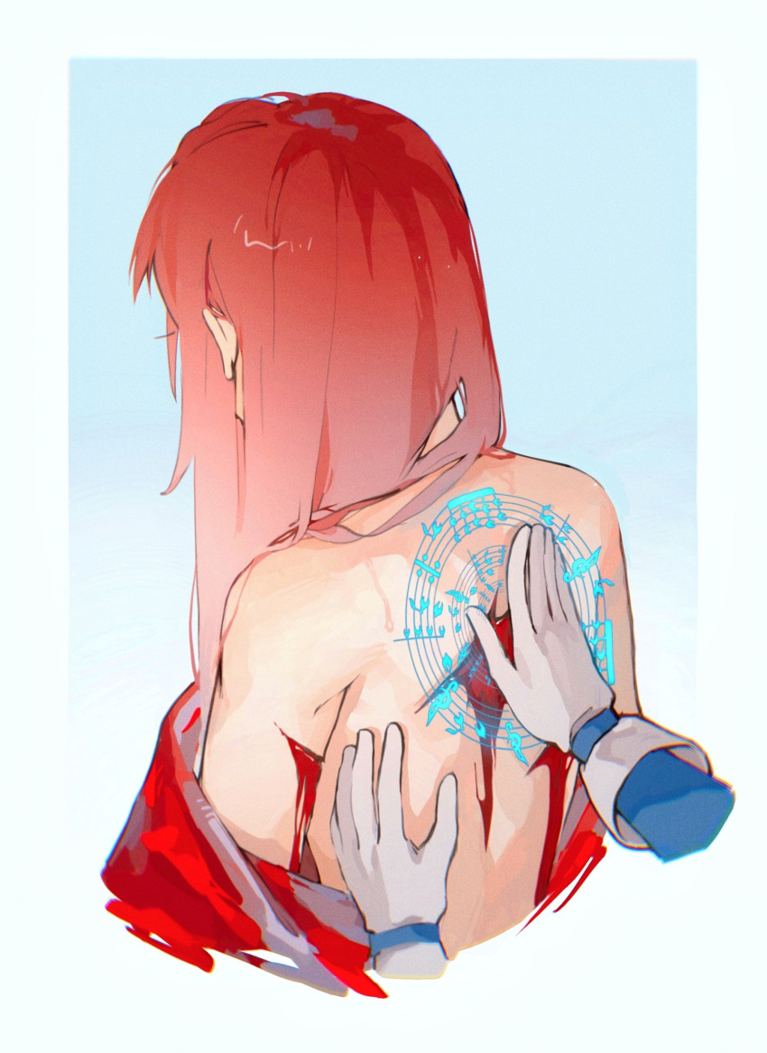 1girl absurdres bare_back bleeding blood blue_background cropped_torso cuts from_behind gloves hair_down hand_on_another's_back healing highres injury long_hair magic_circle mahou_shoujo_madoka_magica miki_sayaka off_shoulder out_of_frame sakura_kyoko solo_focus upper_body white_gloves xuanjun2829