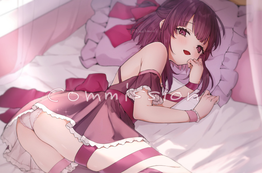 1girl :d ass blunt_bangs blurry blush copyright_request depth_of_field dress grey_dress highres honotai leg_ribbon looking_at_viewer lying on_bed on_side purple_eyes purple_hair ribbon short_hair smile solo