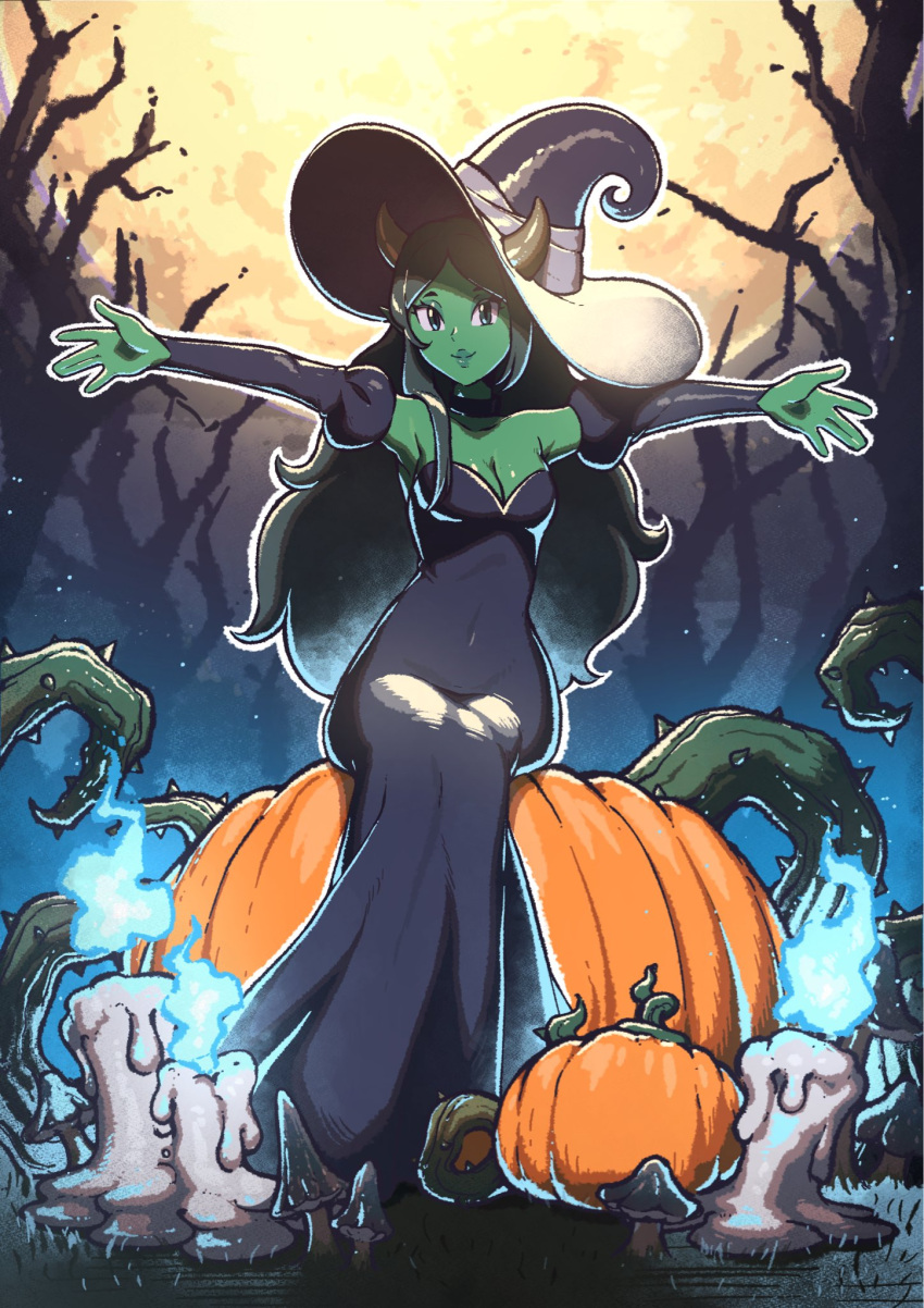 1girl bare_tree black_dress black_hair black_headwear black_sleeves blue_fire candle colored_skin detached_sleeves dress fire full_moon green_eyes green_skin hat highres horns long_hair looking_at_viewer moon night original outdoors pumpkin saiwo_(saiwoproject) sitting solo tree witch_hat