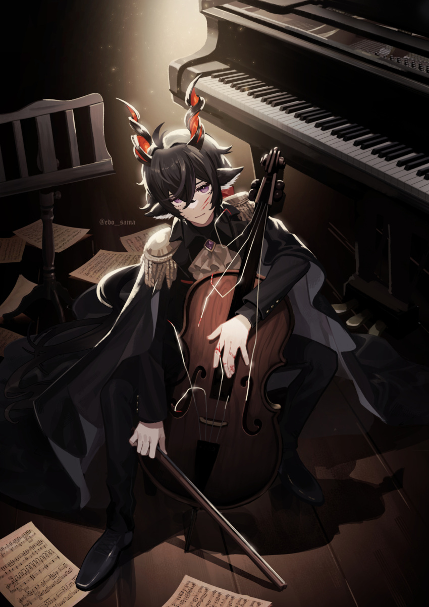1boy animal_ears arknights ascot black_hair black_suit blood blood_on_face blood_on_hands bow_(music) broken_string brooch cello commentary crossed_bangs crossed_legs ebenholz_(arknights) edo-sama epaulettes formal frown full_body goat_boy goat_ears goat_horns highres holding holding_bow_(music) holding_instrument horns instrument jewelry male_focus music_stand piano purple_eyes sheet_music sidelocks sitting solo suit twitter_username white_ascot wooden_floor