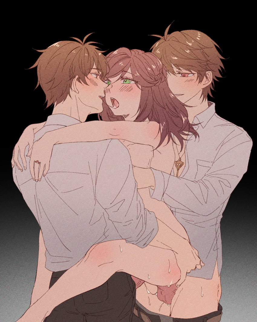 1girl 2boys blush brown_hair clone double_penetration green_eyes highres luke_pearce_(tears_of_themis) multiple_boys nelhai_(mori791212) non-web_source open_mouth pussy_juice pussy_juice_trail rosa_(tears_of_themis) saliva saliva_trail sex source_request standing standing_sex sweat tears_of_themis