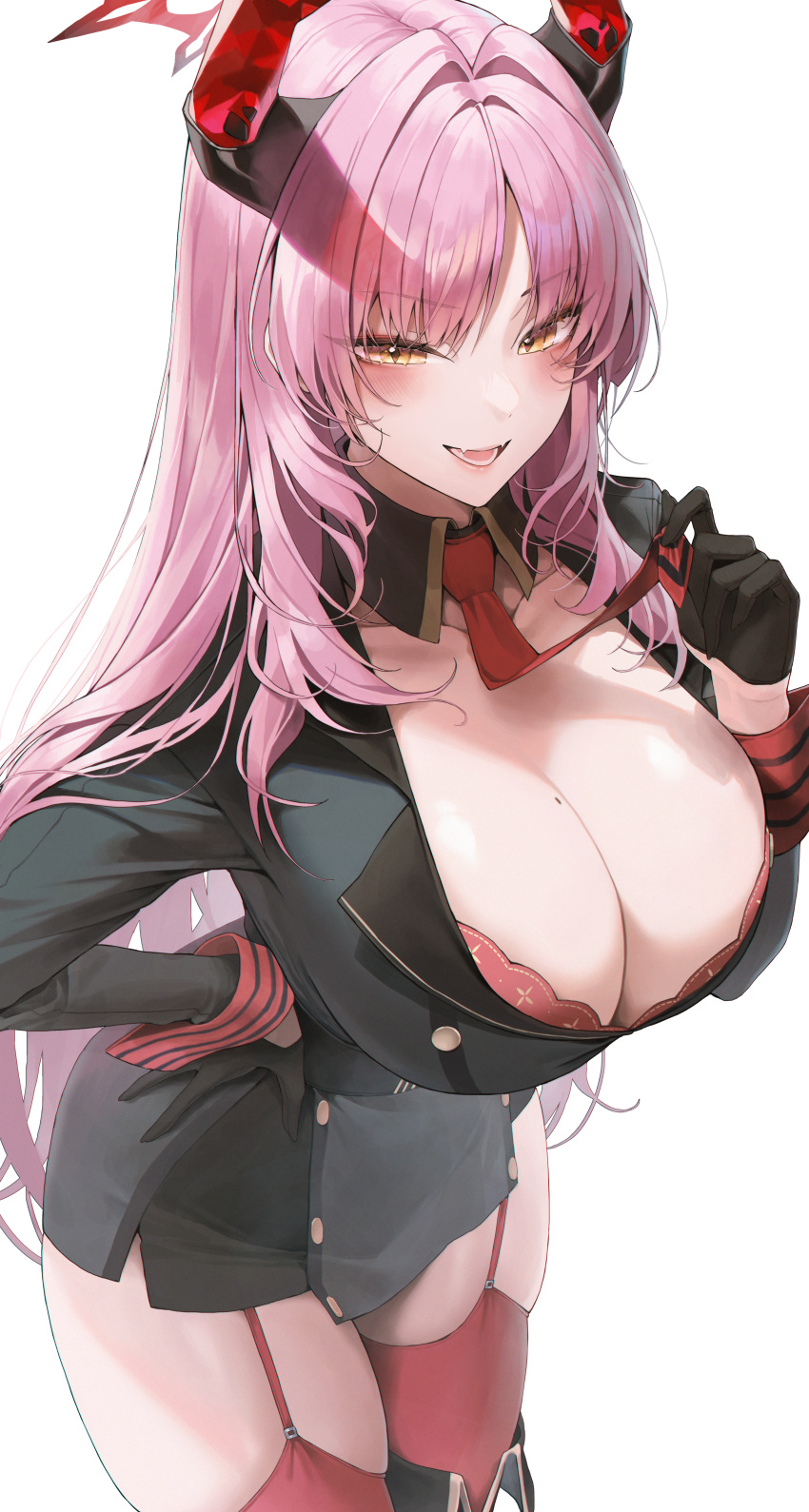1girl absurdres bangs black_gloves blue_archive blush boots bra breasts cleavage demon_horns detached_collar fangs garter_straps gloves grey_jacket halo hand_on_hip highres holding_necktie horns huge_breasts jacket knee_boots lace-trimmed_bra lace_trim long_hair looking_at_viewer meoyo military_jacket mole mole_on_breast necktie open_mouth pink_hair red_bra red_horns red_necktie satsuki_(blue_archive) skin_fangs solo thighhighs thighs underwear white_background yellow_eyes