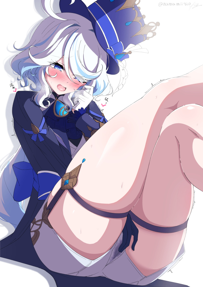 1girl ascot asymmetrical_gloves back_bow black_gloves blue_ascot blue_bow blue_brooch blue_eyes blue_hair blue_headwear blue_jacket blush bow brooch cowlick cropped_legs crossed_legs drop-shaped_pupils female_masturbation fingering fingering_through_clothes furina_(genshin_impact) genshin_impact gloves hand_up hat hat_bow hat_feather heart heterochromia highres jacket jewelry kodona lolita_fashion long_hair long_sleeves masturbation mismatched_gloves multicolored_hair namamii open_mouth ponytail pussy_juice pussy_juice_stain shorts simple_background sitting smile solo streaked_hair sweat thick_thighs thigh_strap thighs through_clothes top_hat twitter_username white_background white_gloves white_hair white_shorts