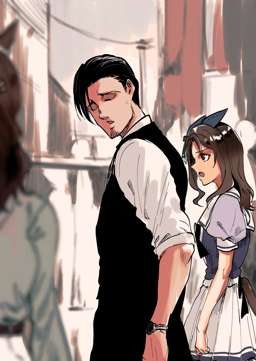 1boy 2girls absurdres animal_ears black_hair blurry blurry_background brown_hair city distracted_boyfriend_(meme) ear_covers height_difference highres horse_ears horse_girl horse_tail kakuteru_sudachi king_halo_(umamusume) looking_at_another looking_back meme miniskirt multiple_girls sailor_collar school_uniform shirt skirt tail tracen_school_uniform trainer_(umamusume) umamusume watch wavy_hair white_shirt wristwatch