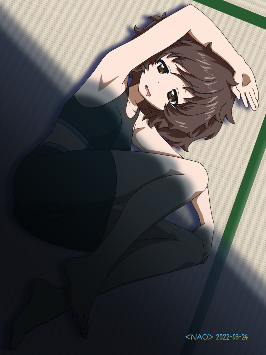 akiyama_yukari arm_up armpits artist_name barefoot black_shorts black_sports_bra brown_eyes brown_hair commentary dated from_above girls_und_panzer half-closed_eyes highres indoors looking_at_viewer loungewear messy_hair naotosi on_floor open_mouth saliva shadow short_hair shorts sleepy smile sports_bra tatami