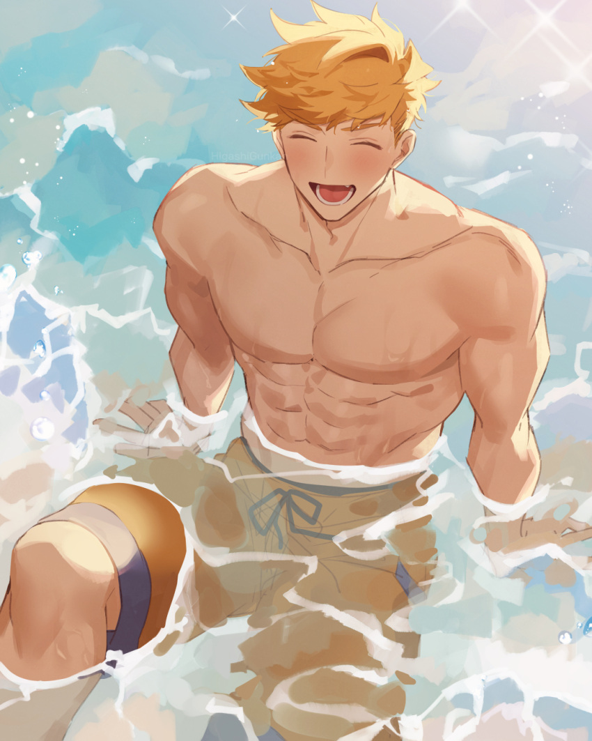 1boy abs bara blonde_hair blush closed_eyes day granblue_fantasy higashigunkan highres large_pectorals male_focus male_swimwear muscular muscular_male navel nipples official_alternate_costume orange_male_swimwear outdoors pectorals short_hair smile solo topless_male vane_(granblue_fantasy) vane_(summer)_(granblue_fantasy) water