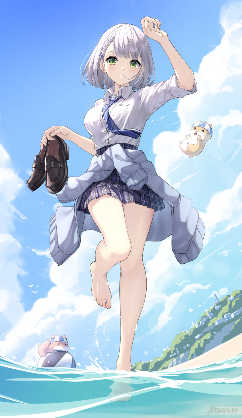 1girl arm_up bare_legs barefoot beach black_footwear blue_necktie breasts clothes_around_waist cloud cloudy_sky collared_shirt day feet green_eyes grey_hair hamster hand_up high-waist_skirt highres holding holding_shoes hololive jacket jacket_around_waist large_breasts legs looking_at_viewer medium_hair miniskirt necktie official_alternate_costume outdoors parted_bangs plaid plaid_skirt pleated_skirt pop_(shirogane_noel) school_uniform shirogane_noel shirogane_noel_(school_uniform) shirt shoes shoes_removed skirt sky sleeves_rolled_up smile solo standing standing_on_one_leg striped_necktie teeth toenails toes tsurupy twitter_username virtual_youtuber white_shirt