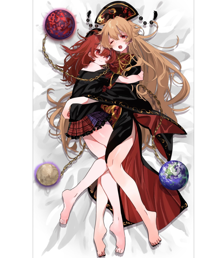 2girls aura ayahi_4 bare_legs barefoot bed_sheet black_nails black_shirt blush bow chain chinese_clothes closed_mouth crescent earrings earth_(ornament) frilled_skirt frills from_above gold_chain gold_trim hecatia_lapislazuli highres hug jewelry junko_(touhou) long_hair lying medium_hair moon_(ornament) multicolored_clothes multicolored_skirt multiple_girls nail_polish off-shoulder_shirt off_shoulder on_side one_eye_closed open_mouth phoenix_crown phoenix_print plaid plaid_skirt polos_crown pom_pom_(clothes) red_eyes red_hair red_tabard shirt skirt smile stud_earrings t-shirt tabard tassel toenail_polish toenails touhou underworld_(ornament) wide_sleeves yellow_bow yuri