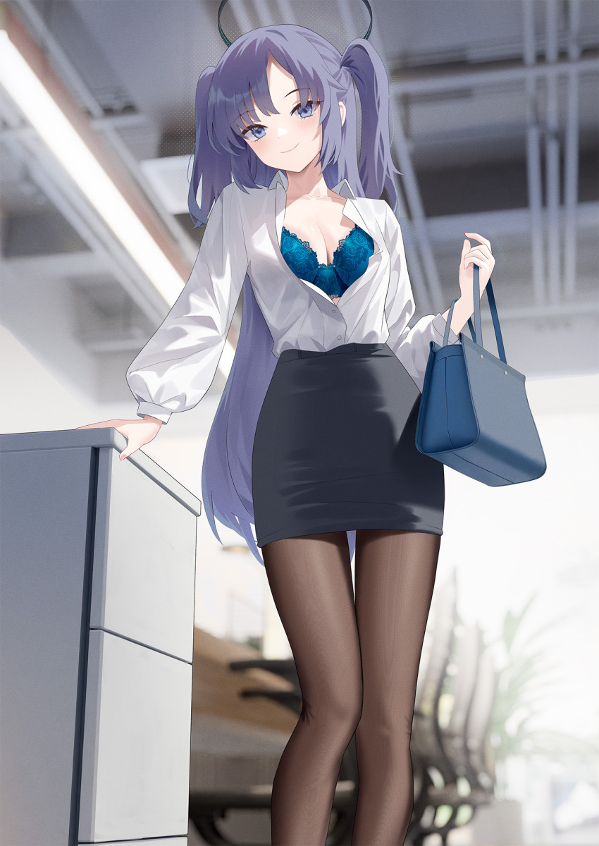 1girl arm_support bag black_pantyhose black_skirt blue_archive blue_bra blush bra breasts cirilla_lin cleavage embroidered_bra feet_out_of_frame halo highres holding holding_bag indoors lace-trimmed_bra lace_trim long_sleeves looking_at_viewer medium_breasts miniskirt office_lady open_collar pantyhose partially_unbuttoned pencil_skirt purple_eyes purple_hair shirt shirt_tucked_in skirt smile solo two_side_up underwear white_shirt yuuka_(blue_archive)