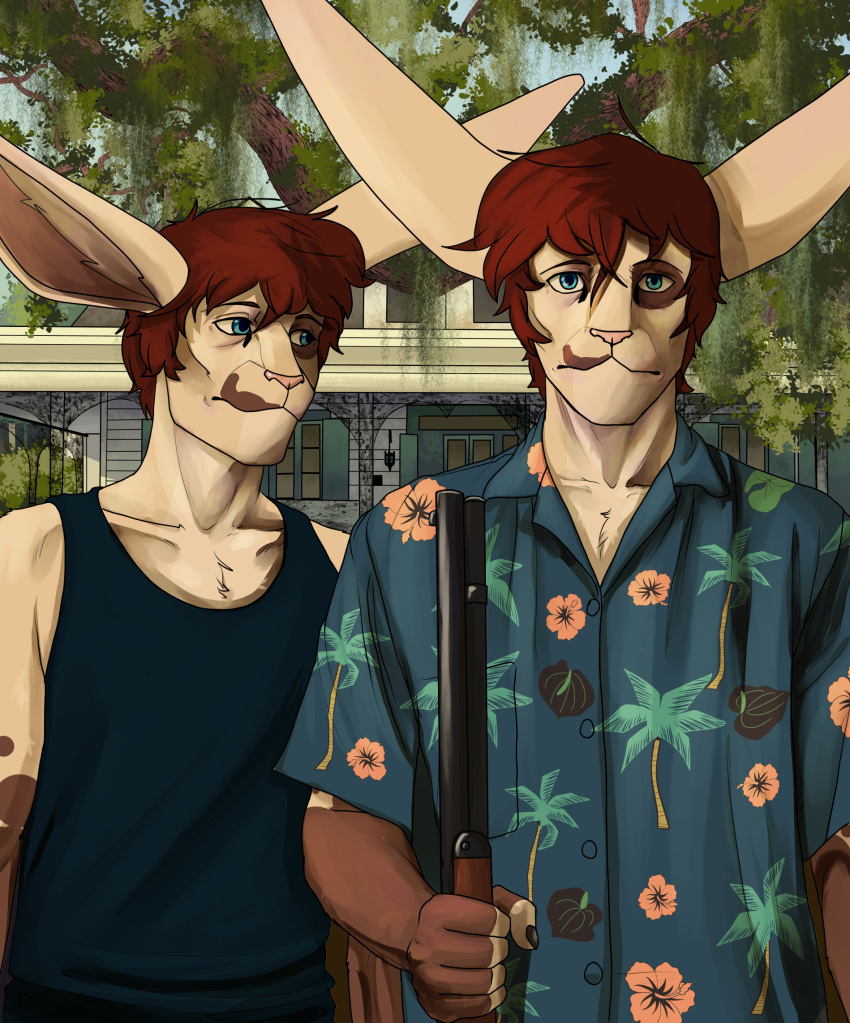 adrian_donovan aloha_shirt anthro brother brothers clothed clothing detailed_background digital_media_(artwork) duo goth gun hair hi_res holding_object holding_weapon lagomorph laudanumserum leporid letho_donovan long_ears looking_at_viewer male mammal outside pattern_clothing pattern_shirt pattern_topwear plant portrait rabbit ranged_weapon shirt sibling swamp topwear tree twins weapon