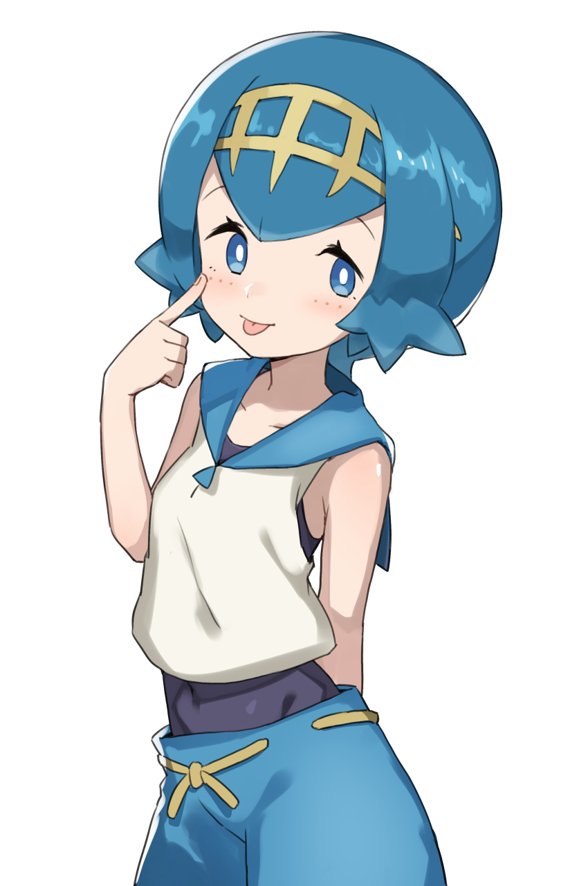 1girl absurdres blue_eyes blue_hair blush bob_cut bright_pupils covered_navel finger_to_face freckles gazacy_(dai) highres lana_(pokemon) pokemon pokemon_(game) pokemon_sm sailor_collar short_hair simple_background smile solo swimsuit swimsuit_under_clothes tiara tongue tongue_out white_background white_pupils
